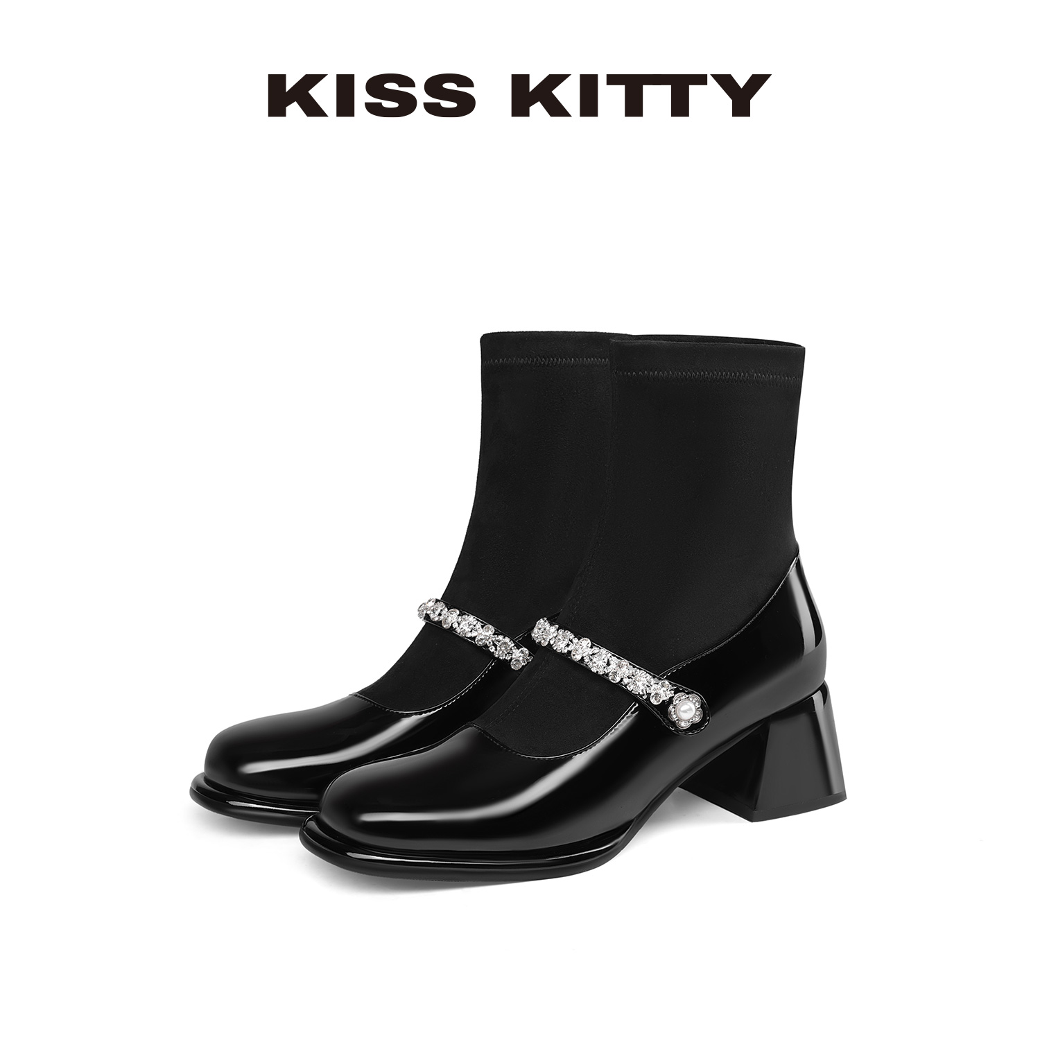 黑色玛丽珍袜靴粗跟高跟短靴