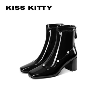 KISSKITTY黑色弹力瘦瘦靴2026新款法式方头粗跟靴子高跟珍珠短靴