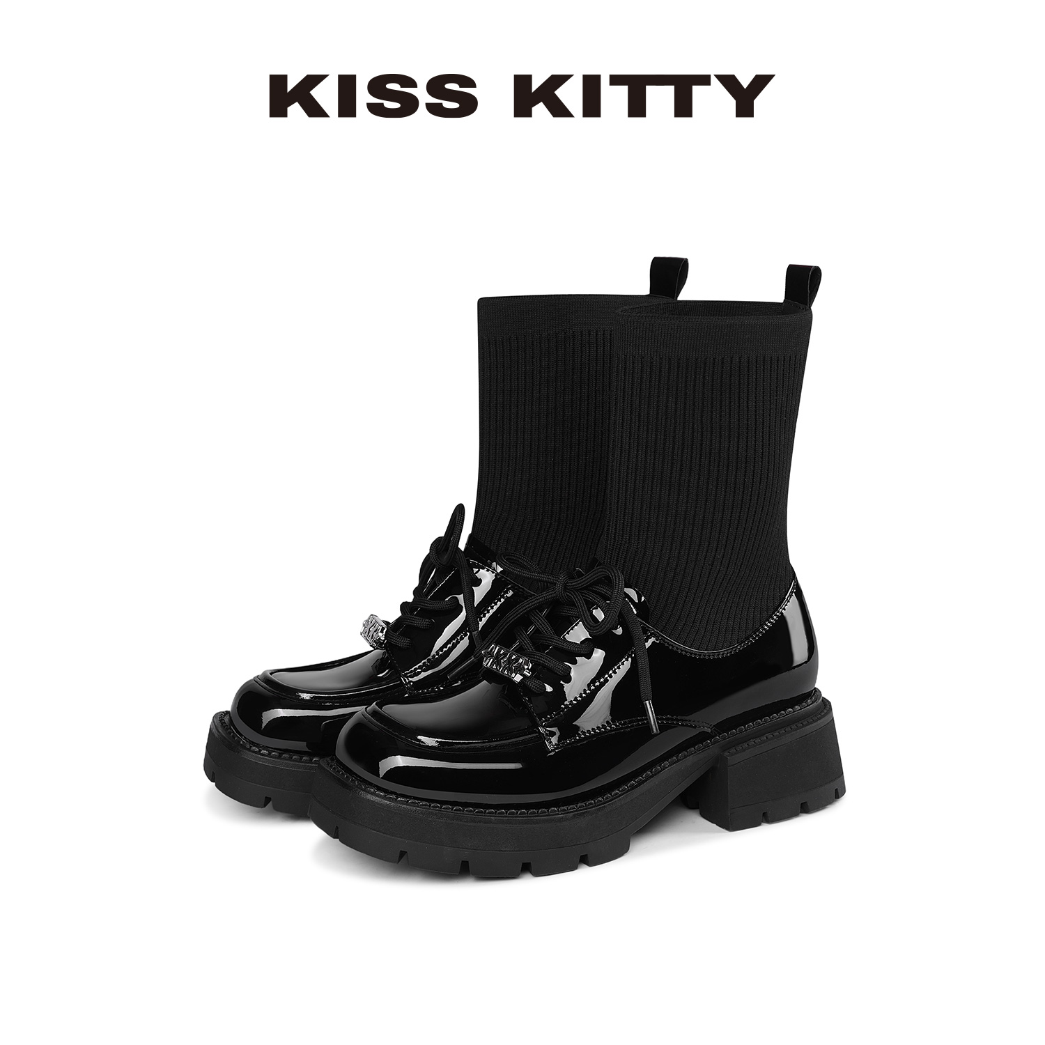 KISSKITTY弹力瘦瘦靴2025新款英伦小皮鞋黑色圆头系带英伦袜子靴