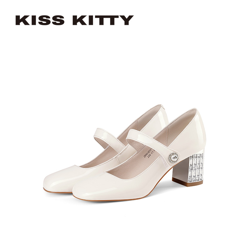 KISSKITTY法式玛丽珍鞋女2026新款水晶跟单鞋方头粗跟浅口高跟鞋