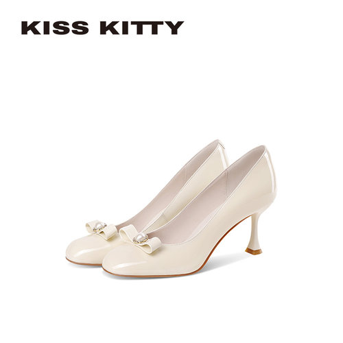 KISSKITTY浅口单鞋女2026春新款细跟方头蝴蝶结米白色法式高跟鞋