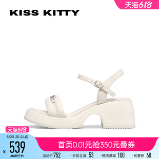 坡跟增高女鞋 KISSKITTY2024夏季 猫耳一字带凉鞋 新款 外穿运动凉鞋