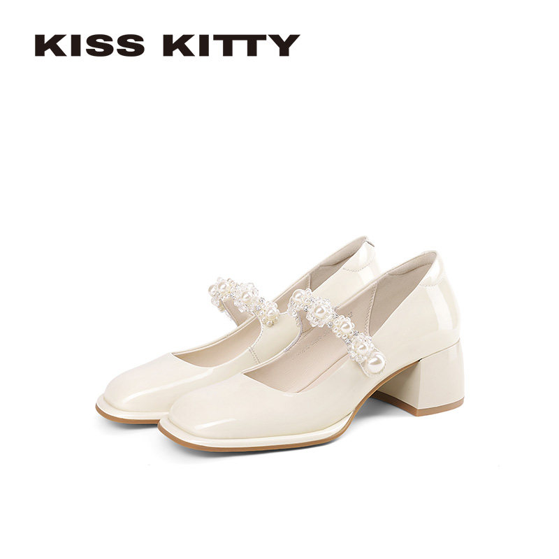 KISSKITTY法式珍珠玛丽珍鞋粗跟单鞋小香风高跟鞋女单鞋通勤真皮,女鞋,玛丽珍鞋,淘宝优惠券,粉丝福利购,淘宝优惠卷