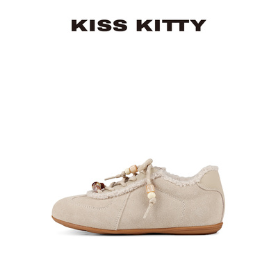KISSKITTY复古棕色德训鞋2025新款冬季阿甘女鞋平底休闲加绒棉鞋