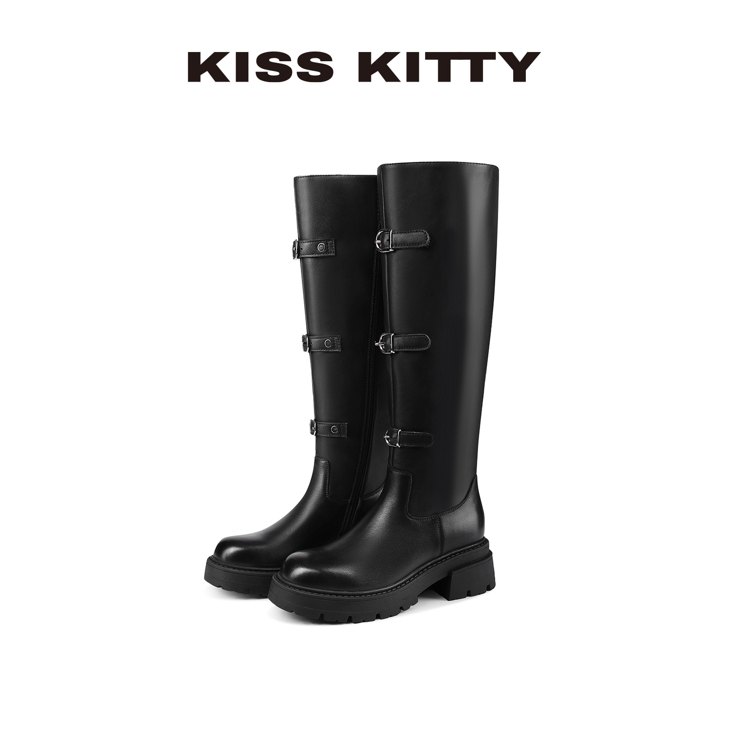 KISSKITTY长筒靴子女2025秋季新款黑色厚底高筒显瘦骑士靴长靴