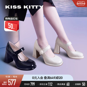KISSKITTY鞋子女厚底玛丽珍鞋皮鞋女法式黑色圆头高跟鞋单鞋粗跟