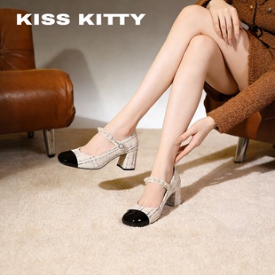 KISSKITTY玛丽珍新款拼接方头高跟鞋杏色法式绝美巨好看单鞋女