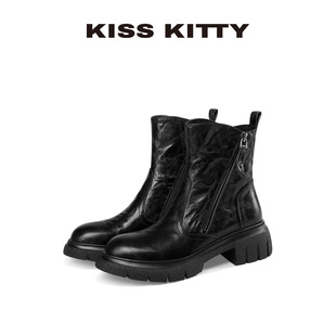 KISSKITTY马丁靴女2025新款棕色复古百搭羊皮褶皱显瘦瘦短靴子
