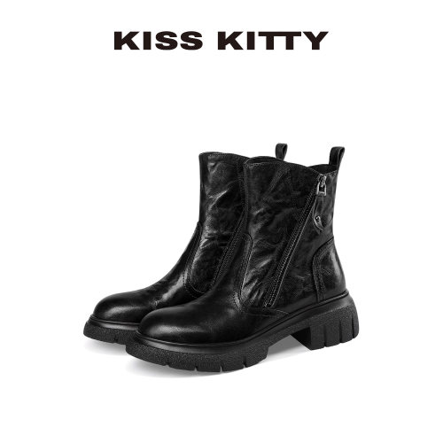 KISSKITTY马丁靴女2026新款黑色复古百搭羊皮褶皱显瘦瘦短靴子