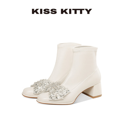 【呼呼专享】KISSKITTY法式白色水钻烟筒短靴女粗跟百搭瘦瘦靴