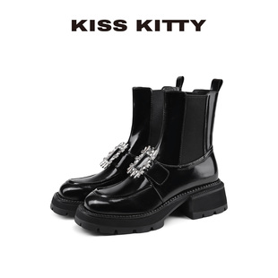 KISSKITTY弹力瘦瘦靴25冬季新款方扣粗跟切尔西靴增高5cm短靴女