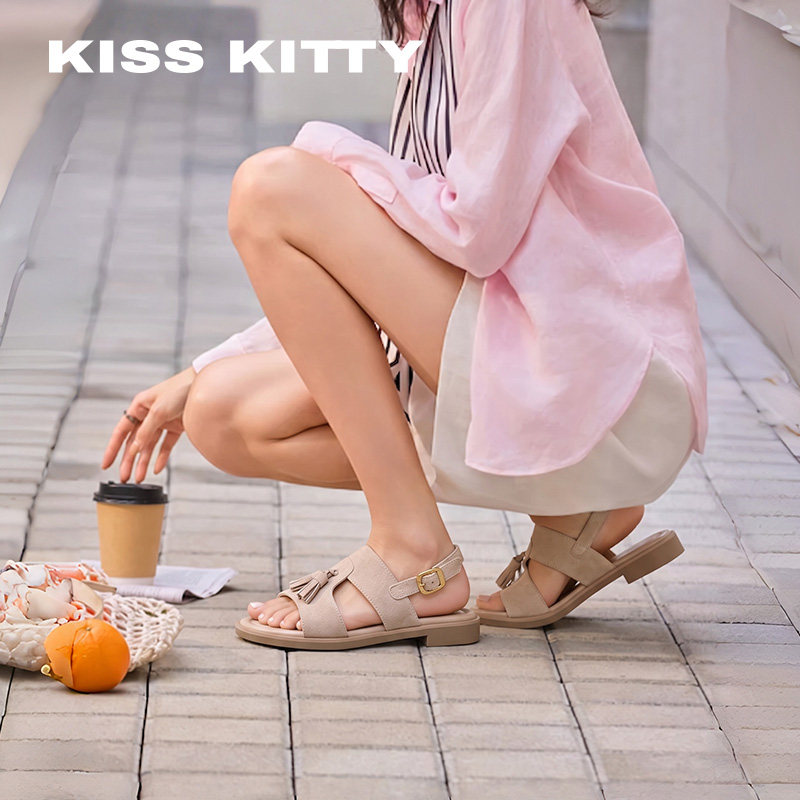 KISSKITTY度假厚底半拖鞋女26年夏季羊皮流苏复古休闲凉鞋