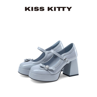 KISSKITTY灰藍色蝴蝶結瑪麗珍鞋 增高單鞋 小個子女高跟鞋 2025新款