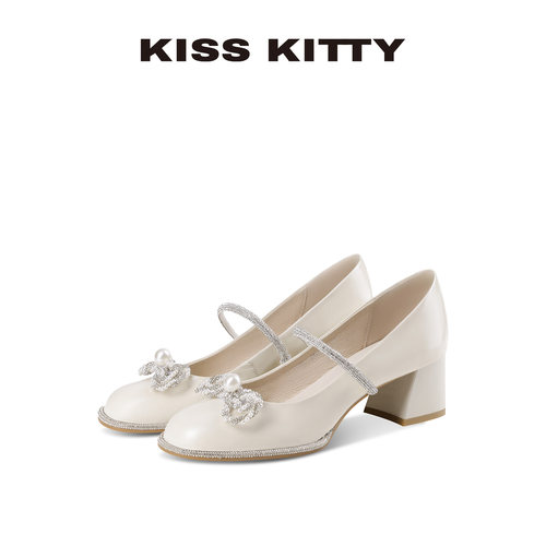 KISSKITTY玛丽珍鞋春新款粗跟浅口法式高跟鞋蝴蝶结高跟单鞋女
