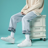 现货主推格子翻边牛仔裤！男女中性宽松九分裤NB529P55，男装牛仔裤，电商C303-1