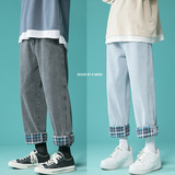 现货主推格子翻边牛仔裤！男女中性宽松九分裤NB529P55，男装牛仔裤，电商C303-1