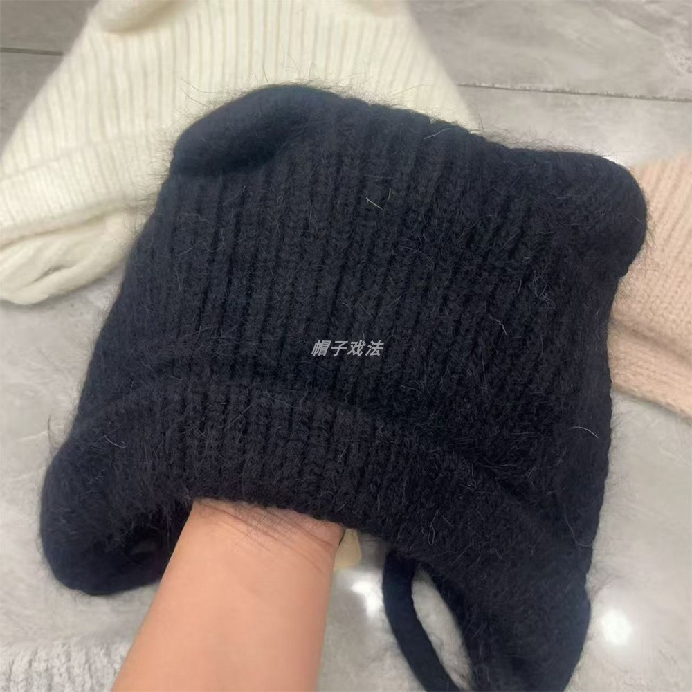 新款毛绒绒护耳柔软兔毛耳朵加厚滑雪女式百搭保暖韩版系绳针织帽
