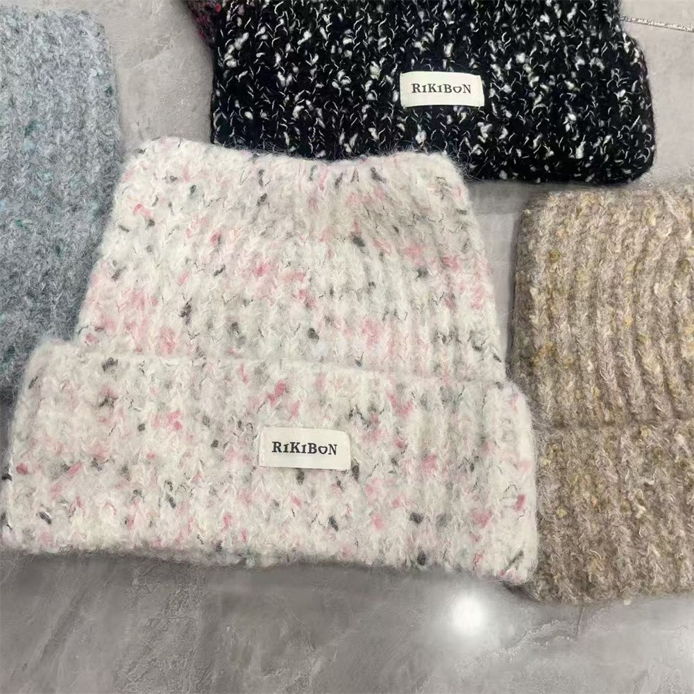 杂线布标大头围护耳宽松柔软百搭仿羊毛护耳秋冬保暖翻边女针织帽