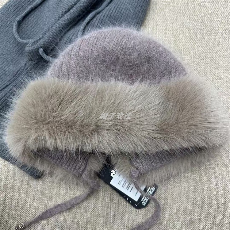 毛绒护耳冬季高比利兔毛街拍粉色百搭保暖韩版高级女式针织蒙古帽