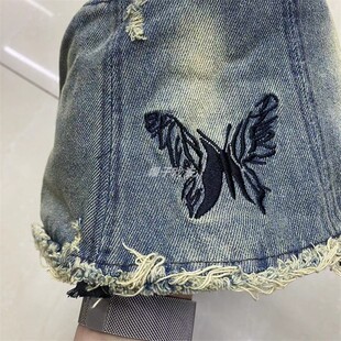 蝴蝶刺绣牛仔灰毛边水洗做旧遮阳百搭女式街头帅气春季筒帽渔夫帽