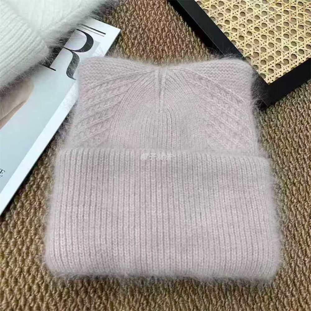 高比例兔毛高级编织韩版女式净版尖耳朵百搭保暖冬盖耳针织翻边帽