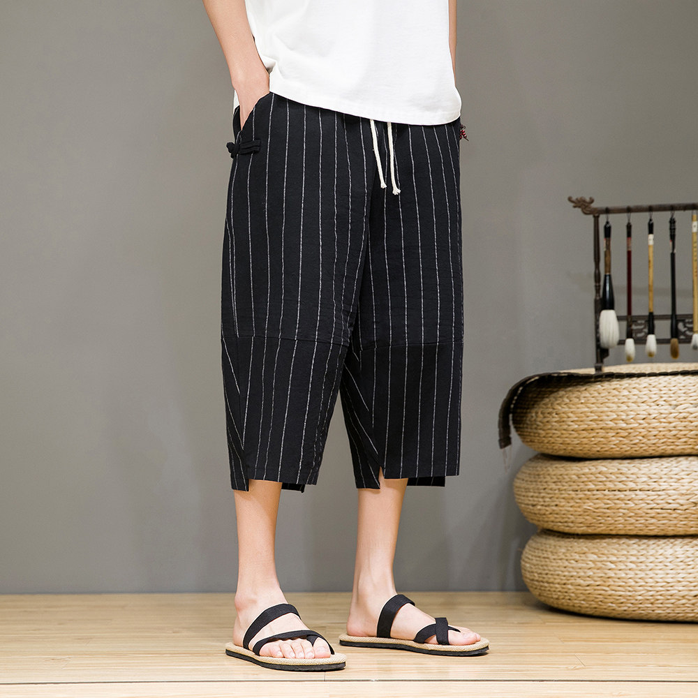 灰墙风25夏条纹棉麻七分裤男灯笼阔腿萝卜锥形裤311A-k238p45,男装牛仔裤,星座311A