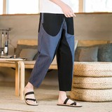 爆25咖啡厅夏条纹撞色棉麻九分男灯笼裤萝卜裤锥形哈伦裤K161-p50，男装休闲裤，星座311A