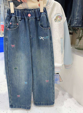 NGT深秋冬季女童加绒牛仔裤柔软好搭长裤刺绣蝴蝶结