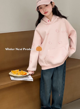 NGT120-160码深秋冬季女童连帽卫衣薄绒细腻舒适好穿口袋上衣