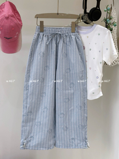 NGT夏季女童纯棉直筒裤水洗棉气质格子好搭透气长裤