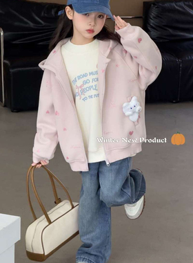 NGT120-160码深秋冬季女童加绒外套薄绒柔软舒适拉链开衫毛绒
