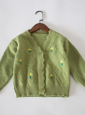 售完无补~小清新~春秋女童毛衣外套小花绿色田园针织开衫单排扣