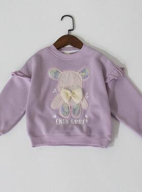 120-150码冬季女童加绒卫衣一体绒奥粒绒可爱熊熊浅紫色套头上衣