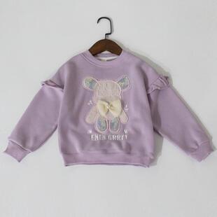 120-150码冬季女童加绒卫衣一体绒奥粒绒可爱熊熊浅紫色套头上衣