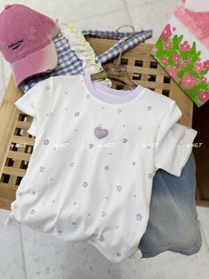 NGT夏季女童短袖t恤甜美爱心柔软弹力辣妹上衣好搭洋气92%棉