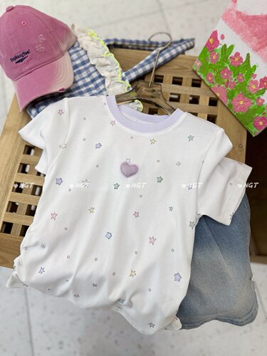 NGT夏季女童短袖t恤甜美爱心柔软弹力辣妹上衣好搭洋气92%棉