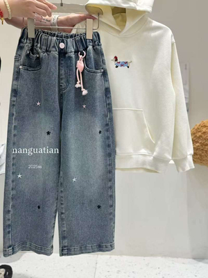 NGT120-160码春秋女童牛仔裤长裤甜美好搭柔软直筒裤长裤