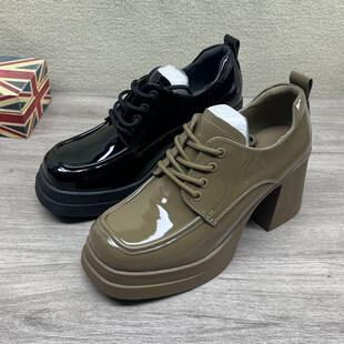 2025年春夏款品牌专柜正品防水台方头英伦风漆皮百搭粗高跟女单鞋