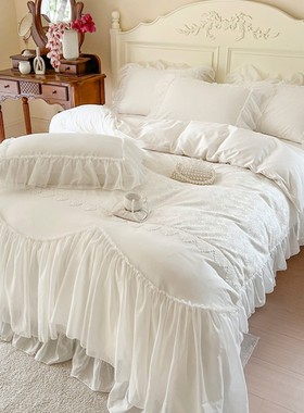 仙女白色荷叶边全棉四件套花边亲肤纯棉被套公主风少女心蕾丝床品