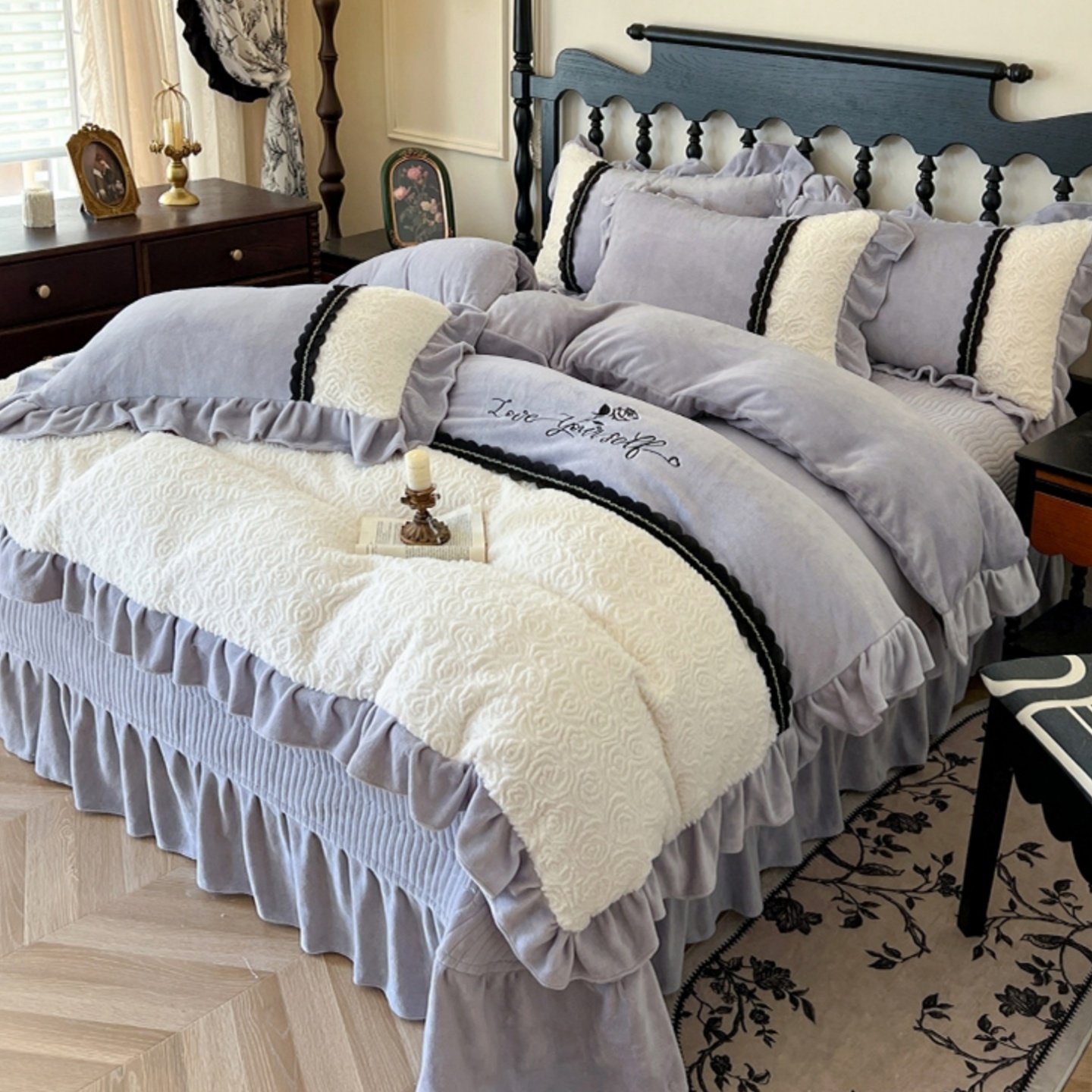 法式公主风刺绣花边四件套冬季牛奶珊瑚绒被套床单加绒床盖款床品