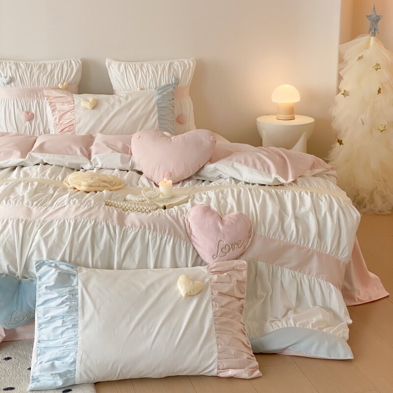 韩式少女心浪漫立体小爱心全棉水洗棉四件套纯棉褶皱花边被套床单