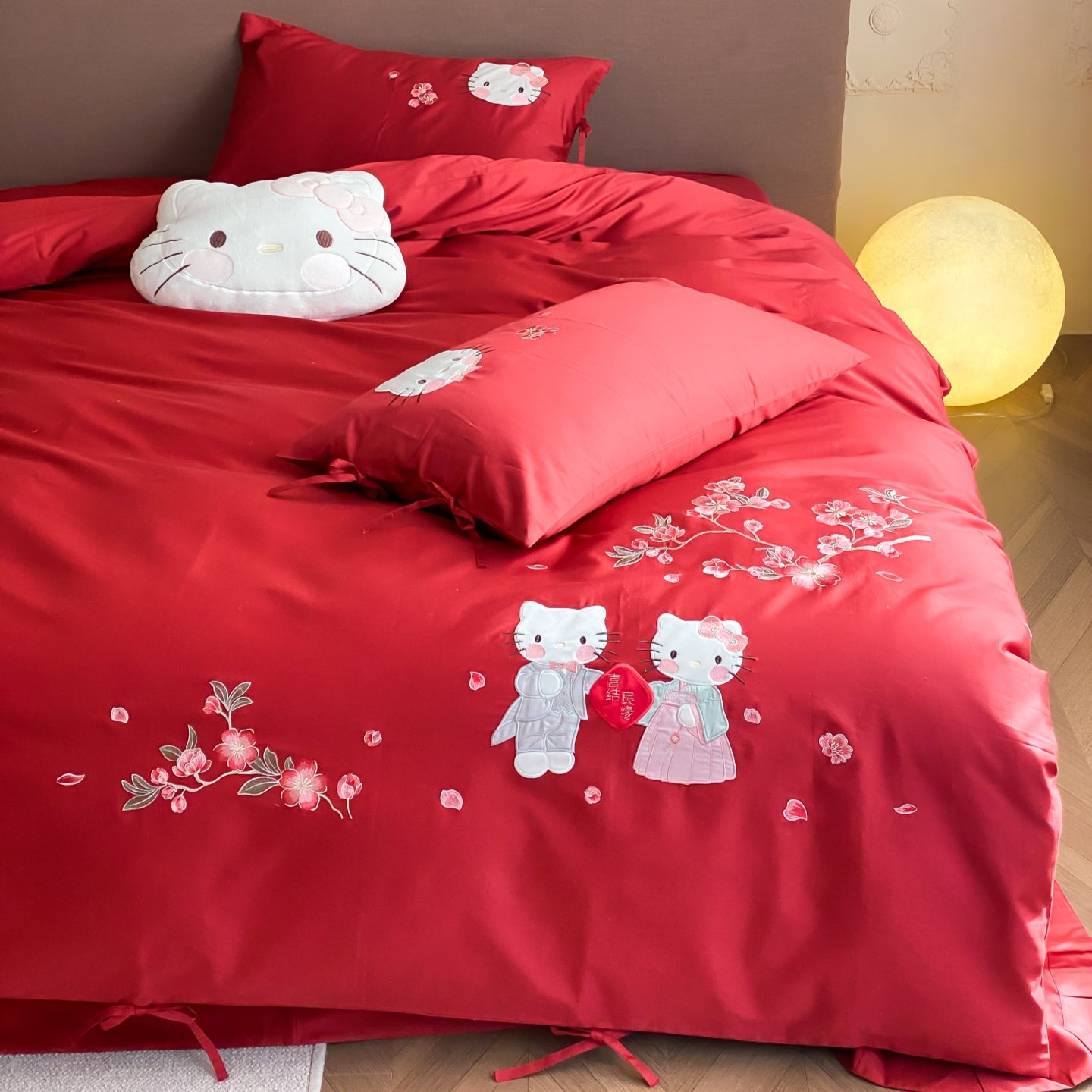 少女心红色结婚可爱风卡通刺绣全棉四件套100S长绒棉婚庆床上用品,床上用品,床品套件/四件套/多件套,淘宝优惠券,粉丝福利购,淘宝优惠卷