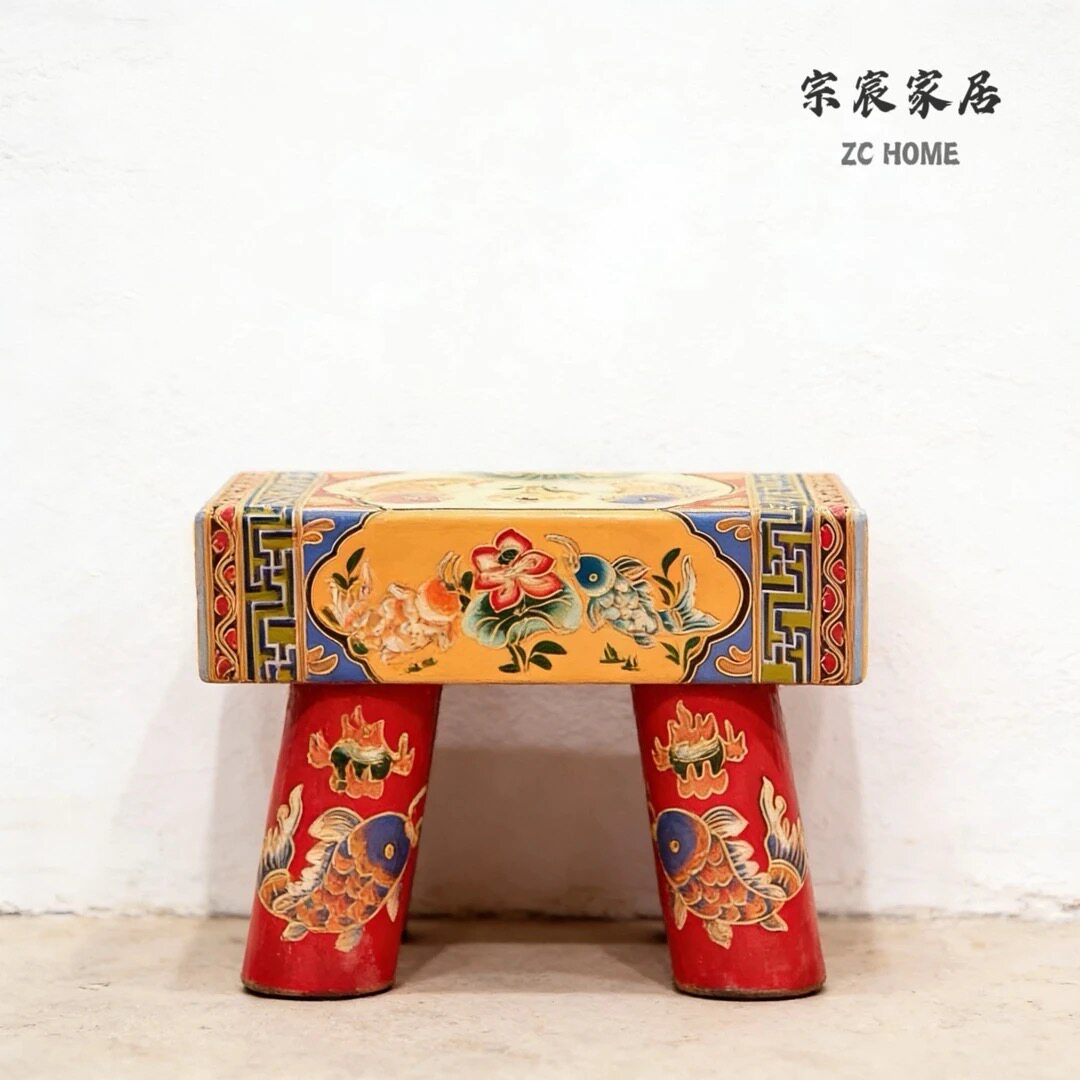 新中式古典松木家具手工彩绘画 实木换鞋凳床尾凳60*28*46cm
