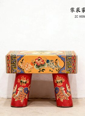 新中式古典松木家具手工彩绘画 实木换鞋凳床尾凳60*28*46cm