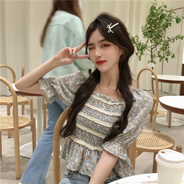 Real shot Korean version square collar broken flower fungus edge chiffon shirt