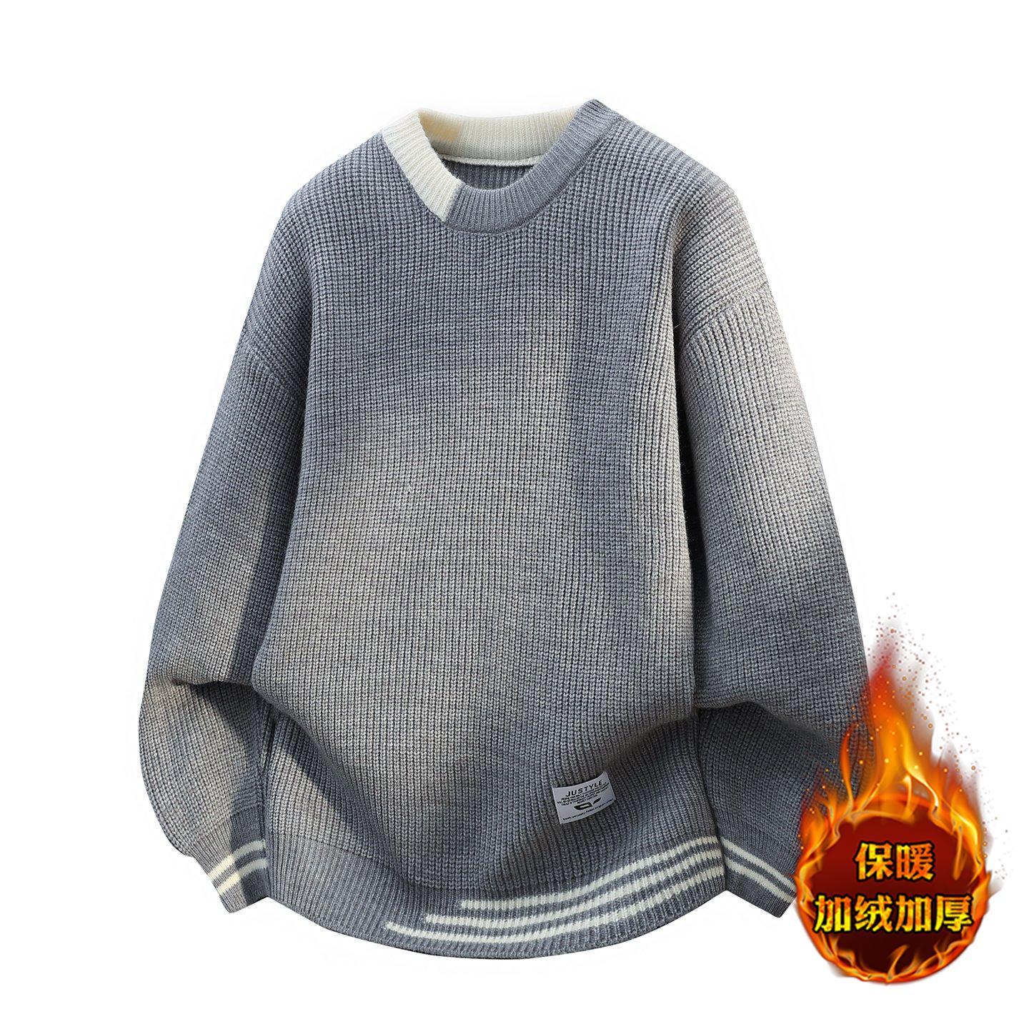 韩式圆领加绒加厚男套头毛衣