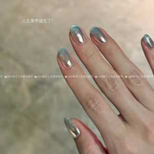 纯手工穿戴甲短款 蓝色极光粉渐变猫眼高级感穿戴美甲 新款 碎冰蓝