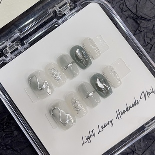 穿戴甲美甲显白 灰色轨迹 纯手工穿戴甲短款 灰色晕染高级感新款