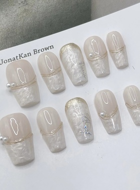 【皎皎流光】夏款婚甲白色贝母气质纯手工穿戴甲短梯光疗手工美甲