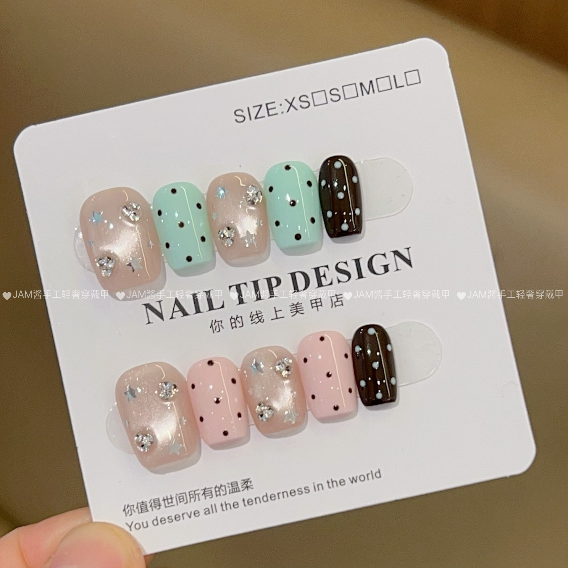 薄荷巧克力 新款纯手工穿戴甲短款粉棕波点AB款猫眼美甲高级显白